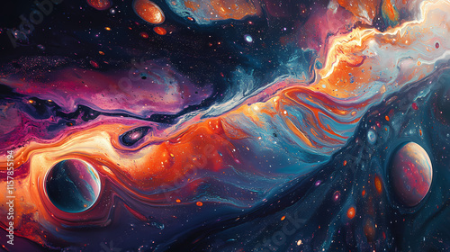 A mesmerizing cosmic scene showcasing colorful planets and swirling galaxies, perfect for science and astronomy enthusiasts. Eclipticae. Illustration