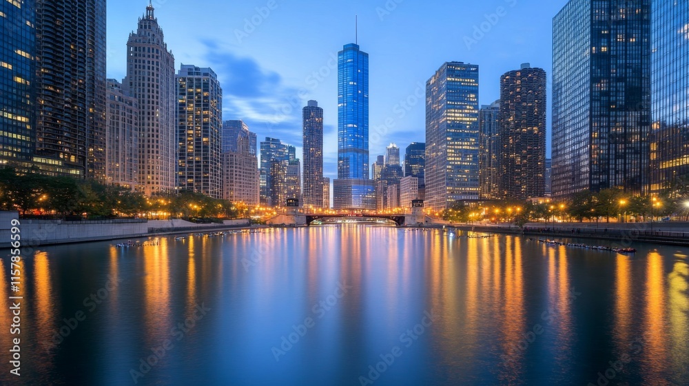 Fototapeta premium Twilight Cityscape with Reflections on Skyscrapers