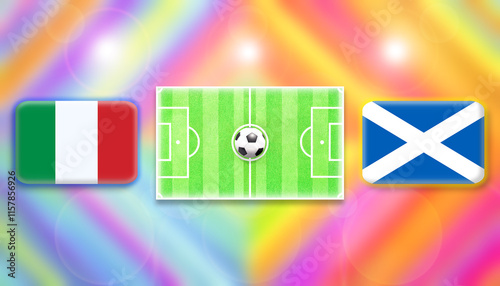 Italy and Scotland flag on soccer field with ball.Football match concept against multicolored abstract background.Copy space for text.	