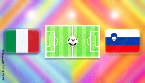 Italy and Slovenia flag on soccer field with ball.Football match concept against multicolored abstract background.Copy space for text.	