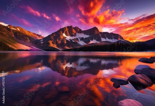 vibrant sunset over pristine mountain lake reflecting majestic peaks dynamic cloud patterns sky, reflection, clouds, color, nature, water, scenery photo