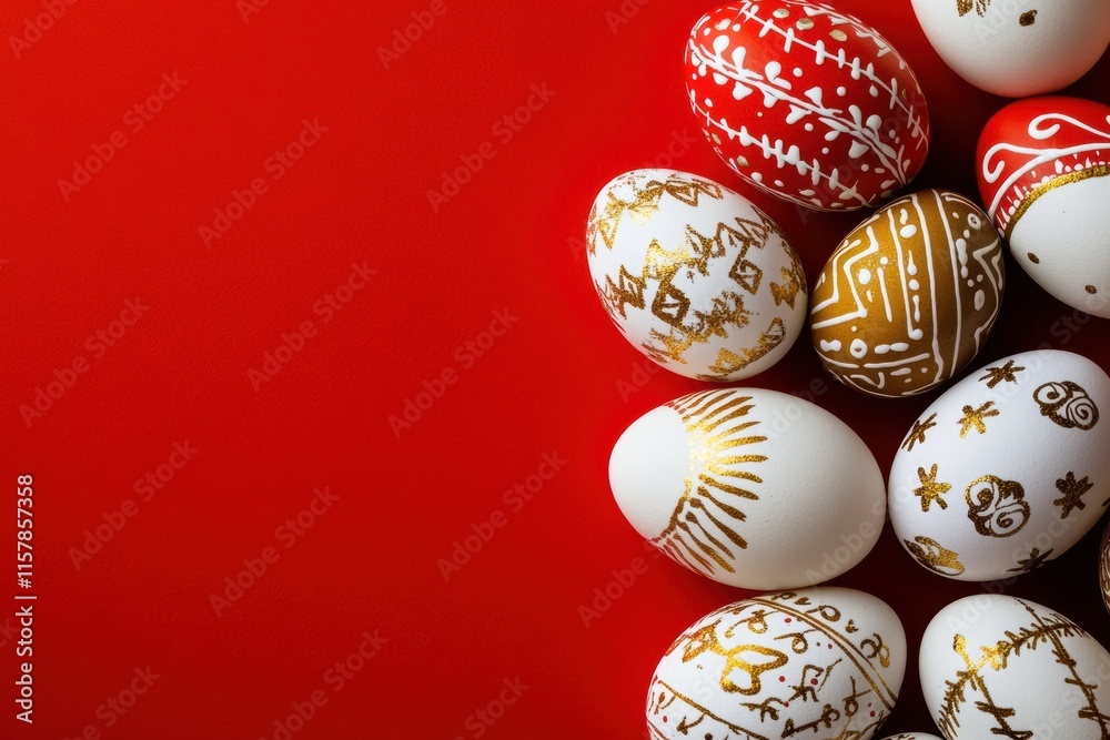 Fototapeta premium Experience the stunning beauty of intricately decorated Easter eggs displayed on a vibrant red background that enhances their charm and significance in the celebration of this joyful holiday