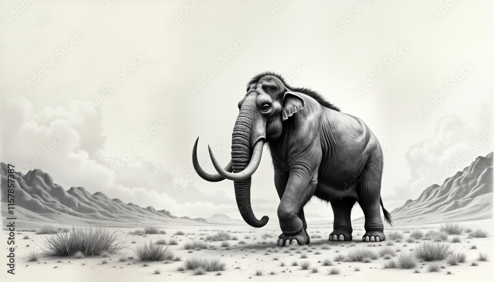 Fototapeta premium Hand drawn illustration of mammoth in prehistoric landscape. Ancient creature stands in desert terrain. Detailed pencil sketch style with soft vignetting. Great for history education, wildlife,
