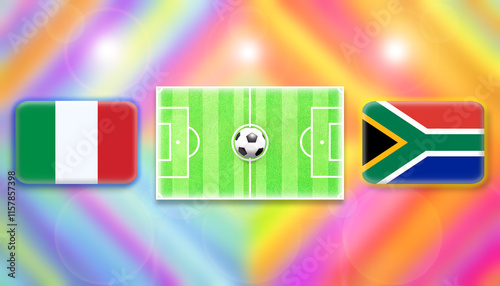 Italy and South Africa flag on soccer field with ball.Football match concept against multicolored abstract background.Copy space for text.	