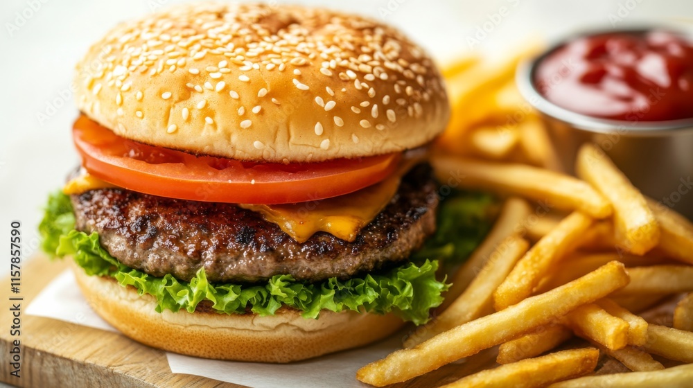 Fresh Burger with Fries on White Background Fresh Burger with Fries on White Background