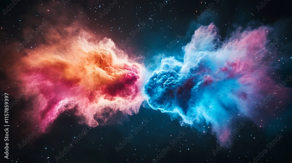 Cosmic Collision: Vividly Colored Nebulae Dance in Deep Space - Digital Painting. AI Generated Cosmic Collision: Vividly Colored Nebulae Dance in Deep Space - Digital Painting. AI Generated