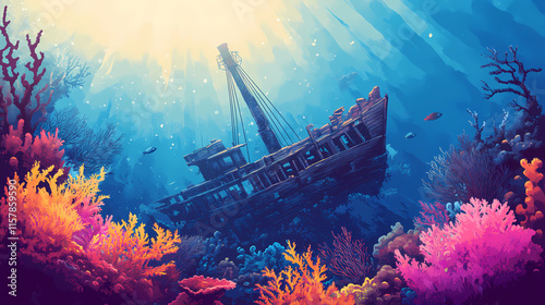 Sunken shipwreck in vibrant underwater coral reef ecosystem. Thalassic. Illustration