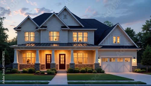 Luxury home exterior at dusk. Stylish modern house with porch and garage. Windows lit up warmly creating inviting ambiance. Rich lawn and landscaping around the home. Suburban neighborhood setting.