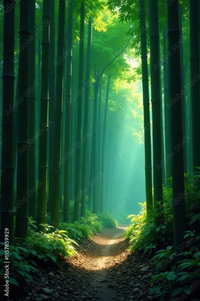Fototapeta premium Bamboo forest illuminated by soft luminescent glow, night scene, serene atmosphere, soft light