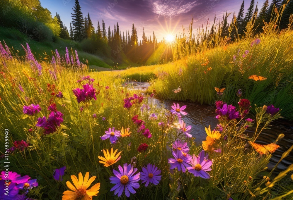 Fototapeta premium lively nature scenes showcasing seasonal diversity flora fauna full bloom, landscapes, seasons, trees, leaves, flowers, sunlight, skies, rivers