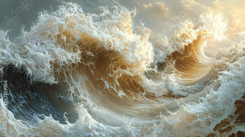The images portray the beauty and power of water waves, each showing unique forms and movements. Thalassic. Illustration