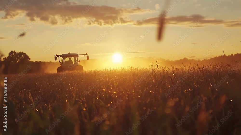 Fototapeta premium Golden Hour Tractor Harvesting Wheat Field Photo: Wide Shot. AI Generated