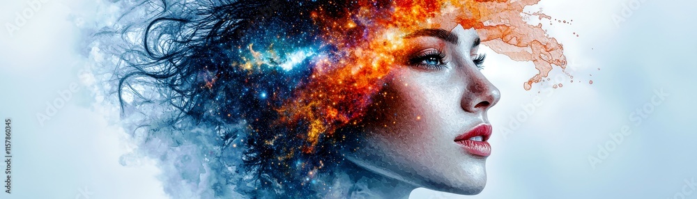 Fototapeta premium Surreal portrait of a woman with vibrant cosmic elements blending into her hair, representing creativity, imagination, and the universe's beauty