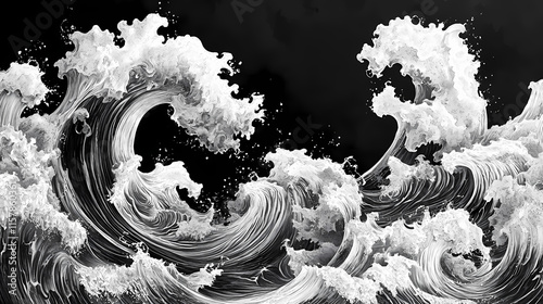 The images portray the beauty and power of water waves, each showing unique forms and movements. Thalassic. Illustration