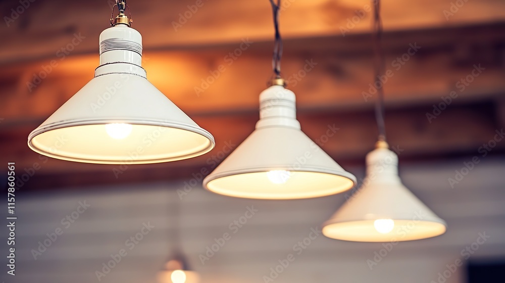 Obraz premium Three white pendant lights hanging from wooden ceiling beams in cozy interior