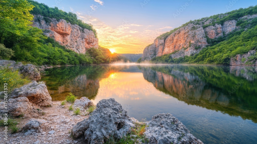 Fototapeta premium Stunning Rocky Cliffs Overlooking a Tranquil Lake
