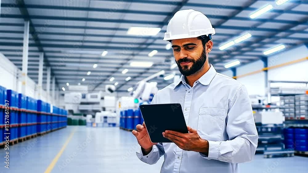 Engineer Using Tablet in Modern Factory with Robotic Systems Engineer Using Tablet in Modern Factory with Robotic Systems