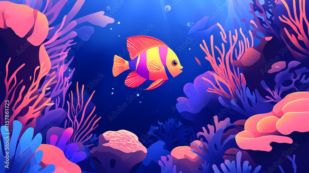 Naklejka premium Vibrant tropical fish swimming in coral reef. Thalassic. Illustration