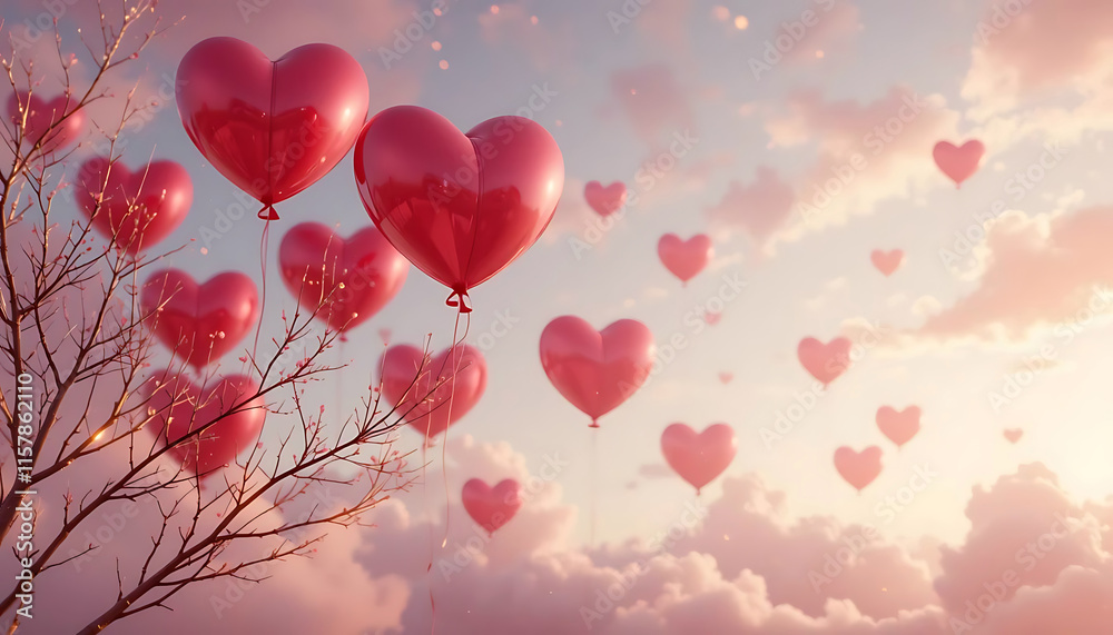 Floating heart-shaped balloons in a soft pastel sky, glowing red and pink colors, golden lighting, delicate branches background design, illustrations of Valentine's Day. Floating heart-shaped balloons in a soft pastel sky, glowing red and pink colors, golden lighting, delicate branches background design, illustrations of Valentine's Day.