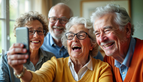 Multiracial senior citizens take selfie in nursing home. Group of happy elderly people use modern tech. Smile, enjoy. Bond, share joy. Care, friendship central to retirement lifestyle. Fun,