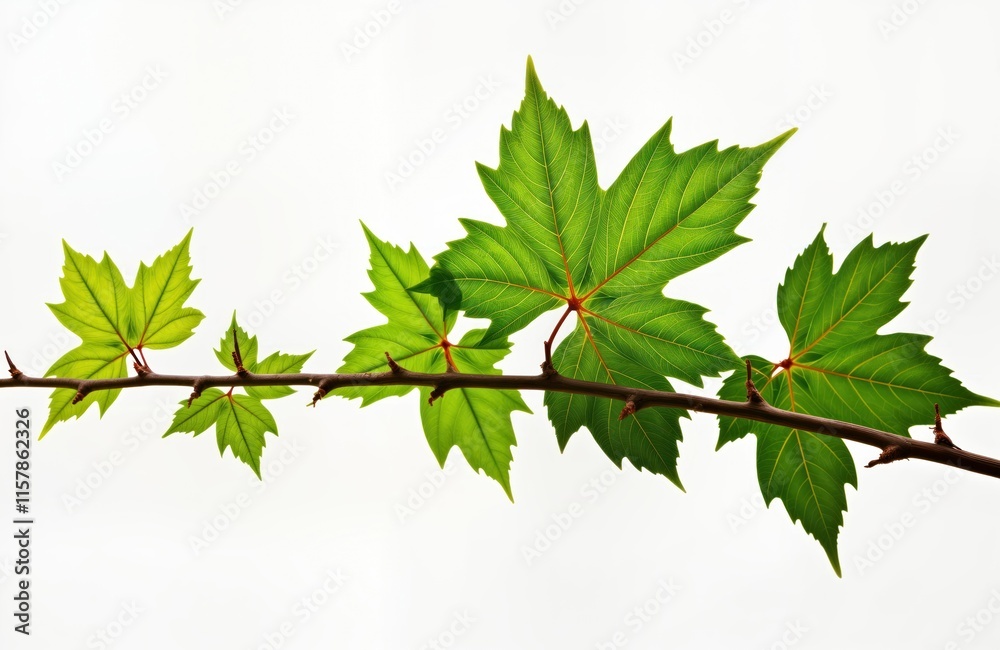 Closeup view of vibrant green leaves on wild grapevine branch against plain white background. Fresh, healthy foliage. Vivid green shades illustrate spring summer season. Nature image plant growth. Closeup view of vibrant green leaves on wild grapevine branch against plain white background. Fresh, healthy foliage. Vivid green shades illustrate spring summer season. Nature image plant growth.