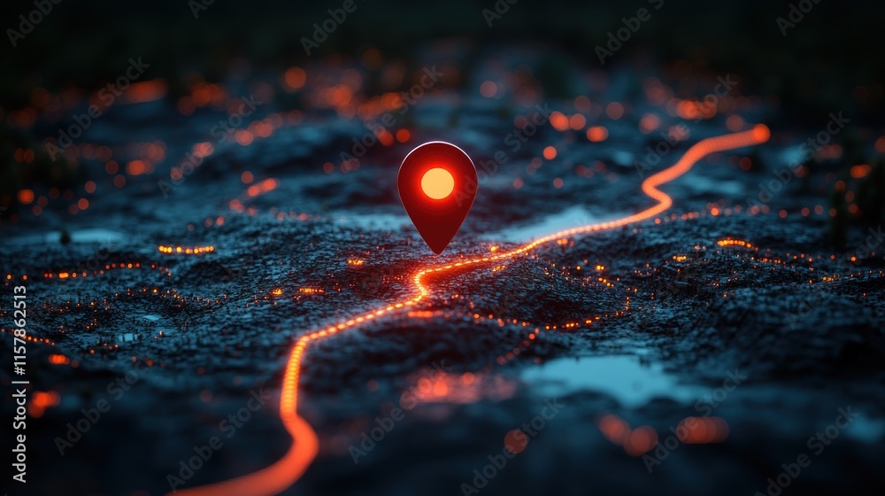 A glowing map pin over a dark landscape, symbolizing location and navigation. A glowing map pin over a dark landscape, symbolizing location and navigation.