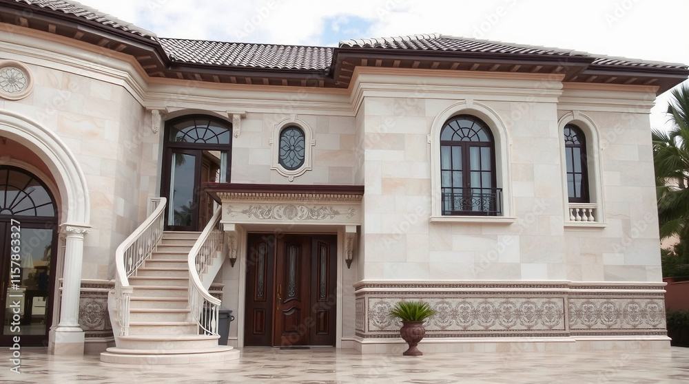 Exterior View of a Beige House with Classical Architectural Features Exterior View of a Beige House with Classical Architectural Features