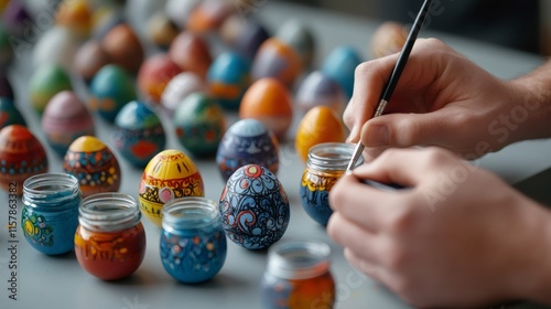 easter egg decorating, hands intricately painting easter eggs with vibrant paints and brushes close-up, creating beautiful designs photo