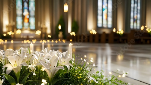 religious easter decor, tranquil easter church setting, adorned with radiant candles, delicate lilies, and colorful stained glass windows