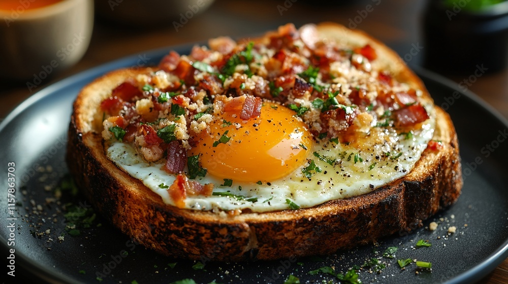 A slice of toasted bread topped with an egg and bacon bits. A slice of toasted bread topped with an egg and bacon bits.