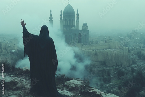 Jeremiah Standing on a Hill Overlooking a Misty Ancient City With a Majestic Mosque in the Background photo