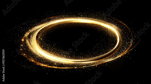 Golden glittering oval ring, swirling light trails on black.