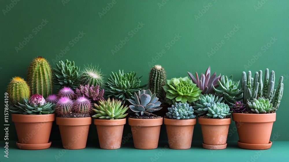 Small cacti and succulents in terracotta pots. Small cacti and succulents in terracotta pots.