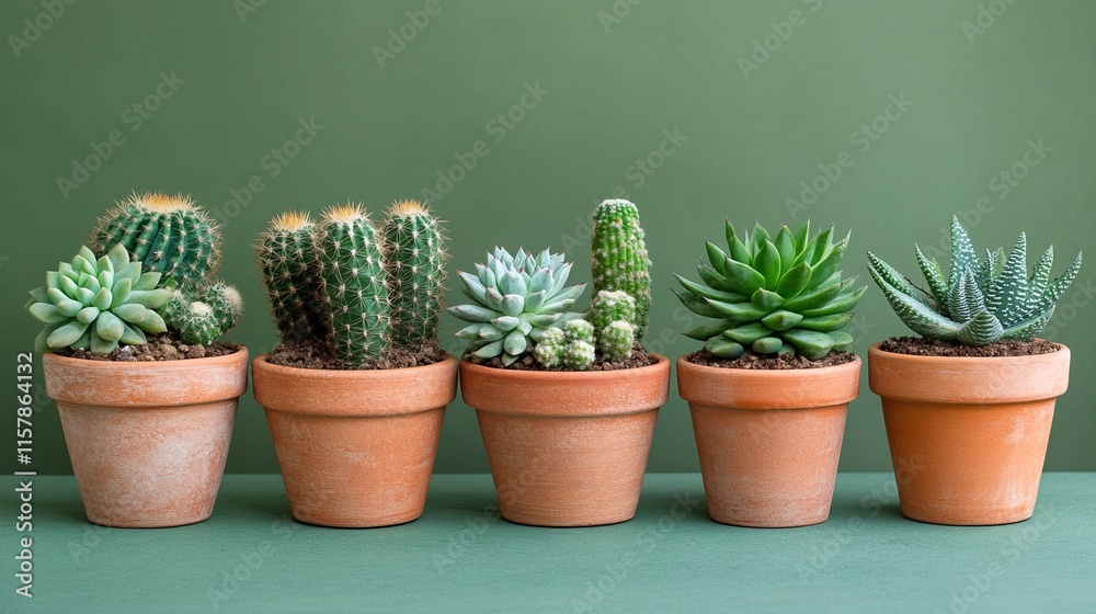 Small Succulents and Cacti in Terracotta Pots.
