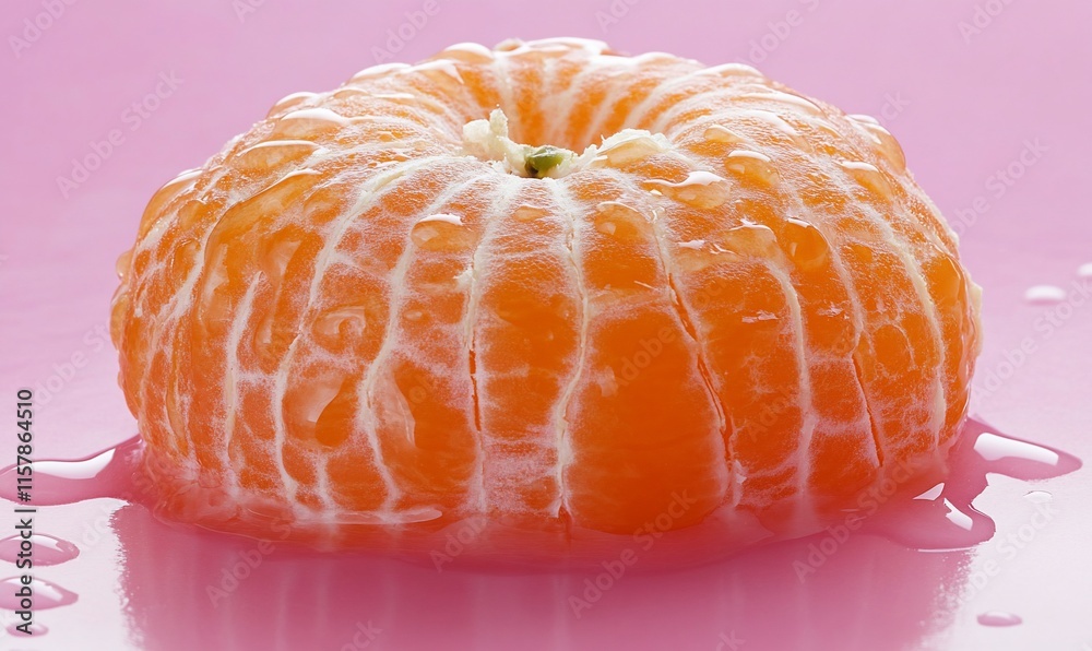 Peeled mandarin orange segment on pink background with juice. Peeled mandarin orange segment on pink background with juice.