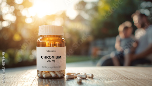 Amber bottle of chromium dietary supplement capsules with 200 mg dosage on wooden table, health and wellness product in natural outdoor setting, blurred family background and sunlight, metabolism