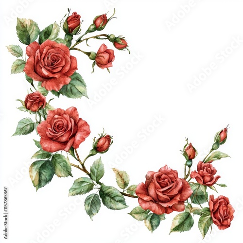 A hand-drawn watercolor frame in a vintage baroque style, featuring swirls and vivid red roses with leaves. Ideal for wedding invitations, Valentine's Day, anniversaries, birthdays, cards, and