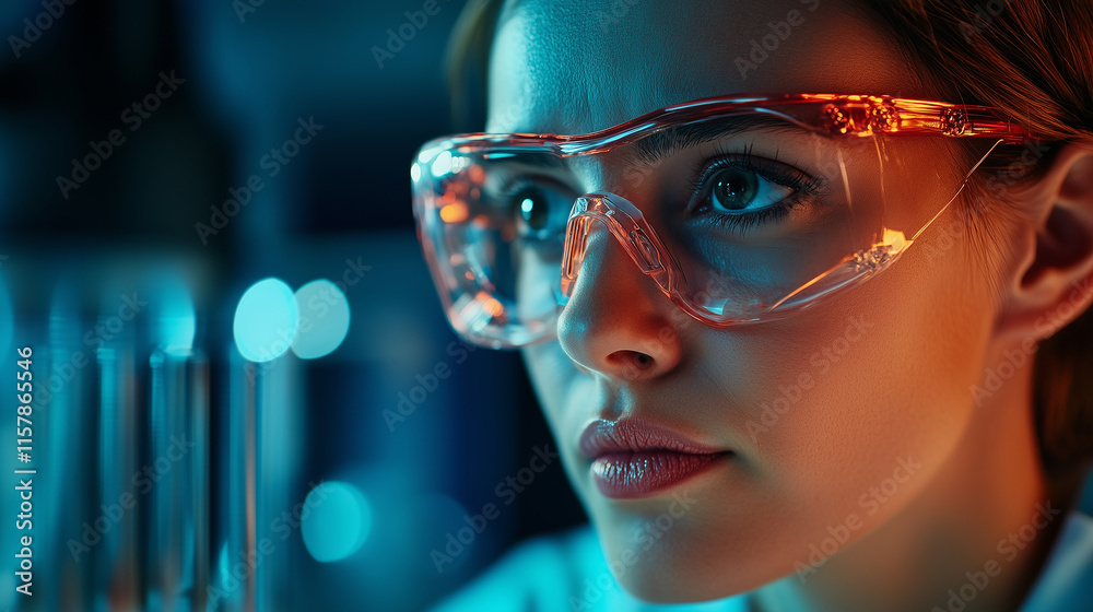 Researcher focuses on experiment in laboratory environment during nighttime hours Researcher focuses on experiment in laboratory environment during nighttime hours
