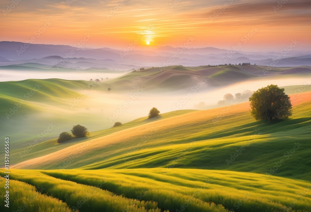 Fototapeta premium serene sunrise over lush green fields rolling hills enveloped peaceful atmosphere morning light, landscape, meadow, nature, sky, color, rural, agriculture