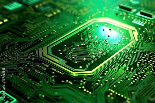 Computer circuit board integrated with green leaves, representing the intersection of environmental sustainability and modern technology in green computing and eco-friendly innovations photo