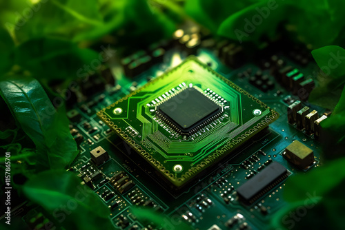 Computer circuit board integrated with green leaves, representing the intersection of environmental sustainability and modern technology in green computing and eco-friendly innovations