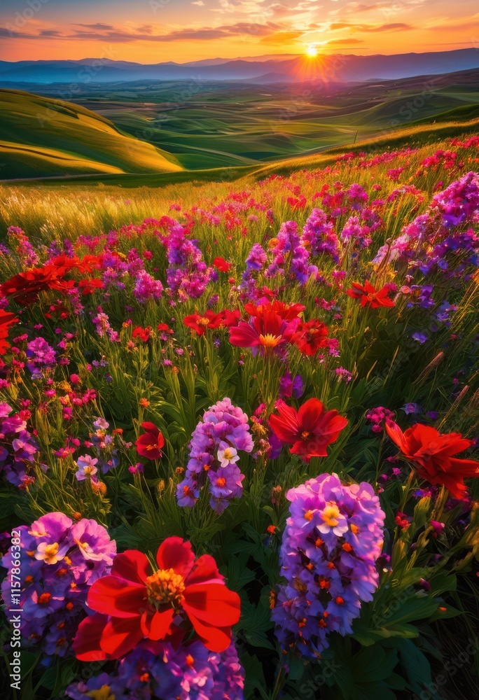 Obraz premium vibrant fields flourishing blooms capturing colorful display abundant flora under blue sky, blooming, flower, petal, plant, leaf, spring, garden, outdoor