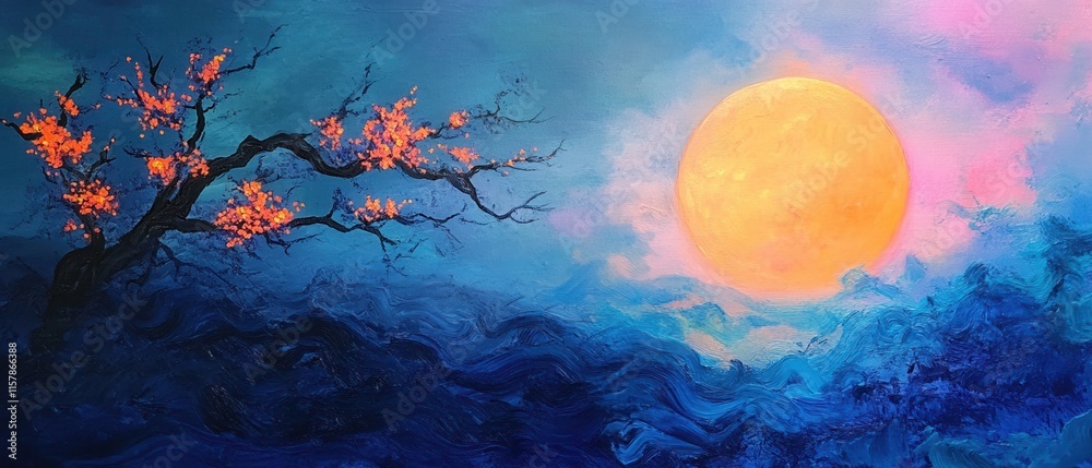 Obraz premium Vibrant sunset with blossoms and serene atmosphere.