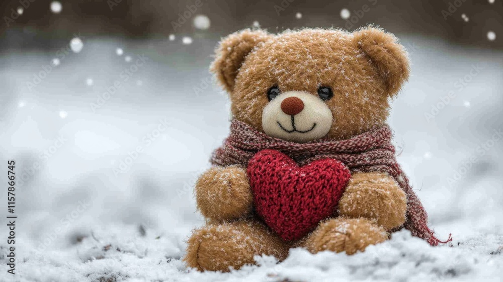 Cute teddy bear holding red heart in snowy winter wonderland. The 14th of February. Happy Valentine's Day Cute teddy bear holding red heart in snowy winter wonderland. The 14th of February. Happy Valentine's Day