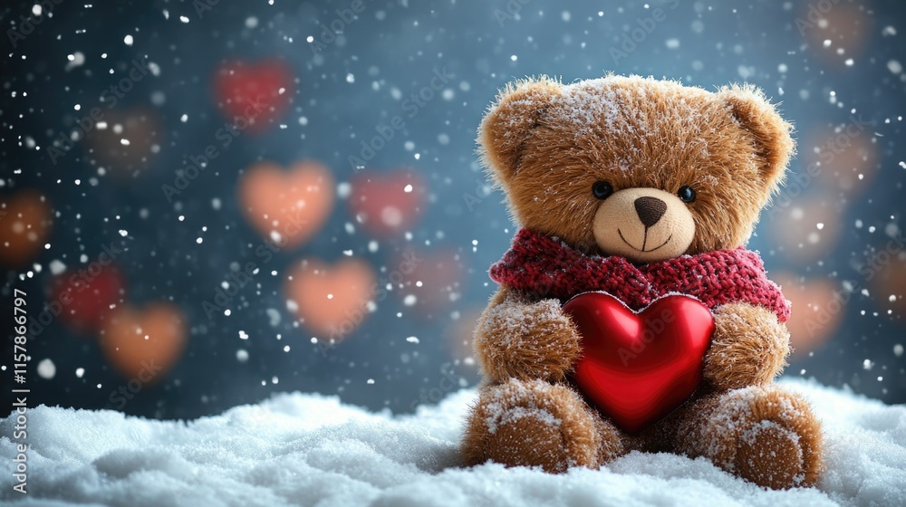Teddy bear with heart in snowy winter scene. The 14th of February. Happy Valentine's Day Teddy bear with heart in snowy winter scene. The 14th of February. Happy Valentine's Day