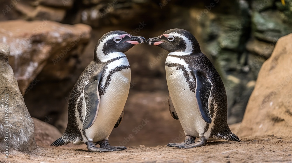 Obraz premium Two adorable humboldt penguins in natural habitat The 14th of February. Happy Valentine's Day