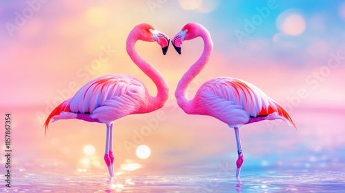 Two pink flamingos in colorful sunset reflection scene The 14th of February. Happy Valentine's Day photo