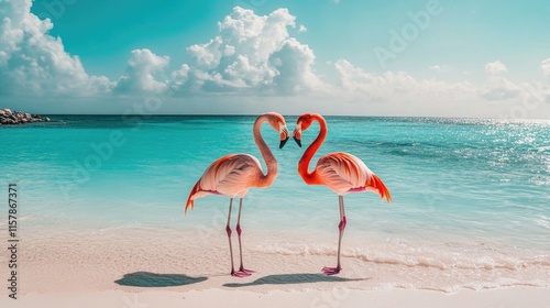 Two flamingos on tropical beach with turquoise ocean and blue sky The 14th of February. Happy Valentine's Day photo