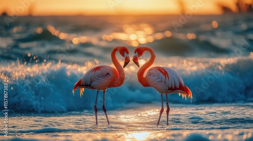 Romantic sunset scene with flamingo pair at ocean shore The 14th of February. Happy Valentine's Day photo