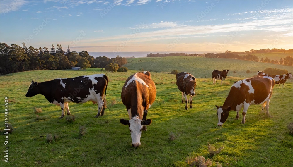 Freshly Milked Dairy Cows Grazing in a Lush Green Pasture During Sunrise Freshly Milked Dairy Cows Grazing in a Lush Green Pasture During Sunrise